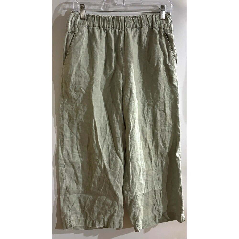Cynthia Rowley Women’s Green Linen Wide-Leg Cropped Pants Elastic Waist M